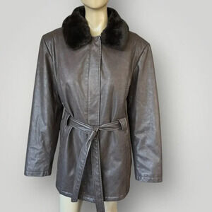 Giacca Vintage Faux Leather Belted Peacoat Jacket Faux Fur Collar Size XL Brown